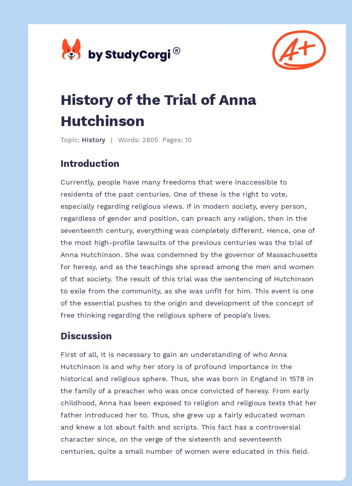 History of the Trial of Anna Hutchinson. Page 1