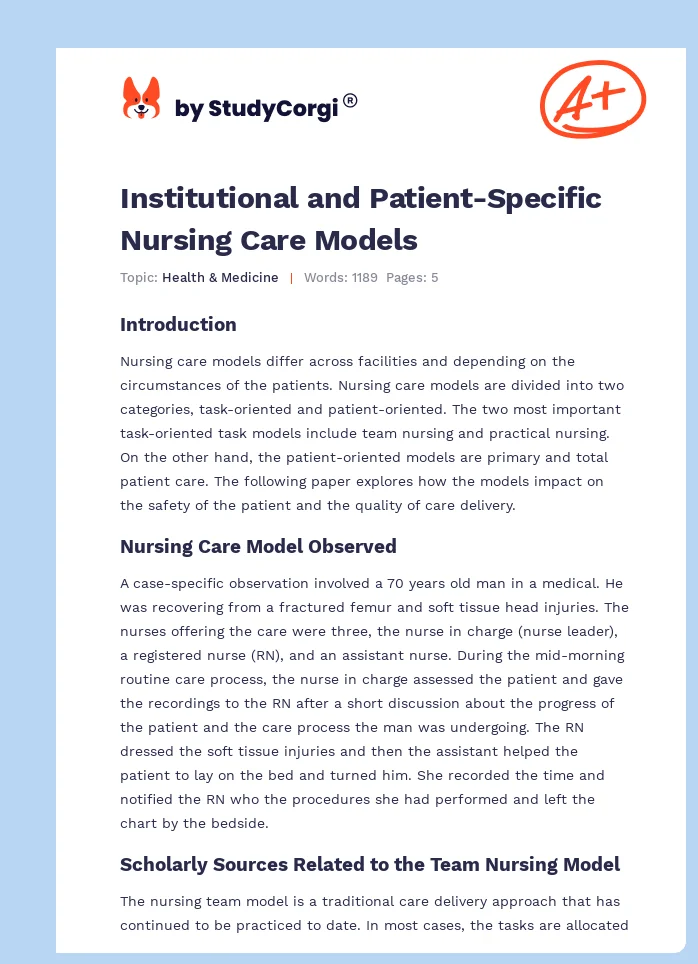 Institutional and Patient-Specific Nursing Care Models. Page 1