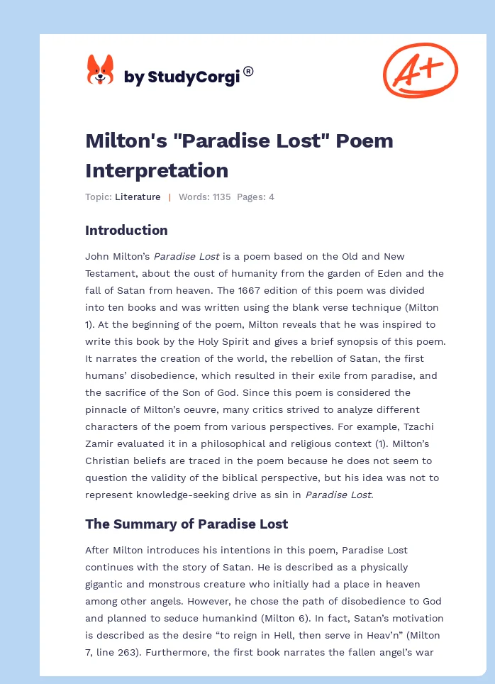 Milton's "Paradise Lost" Poem Interpretation. Page 1