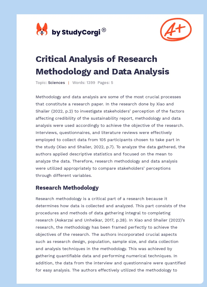 Critical Analysis of Research Methodology and Data Analysis. Page 1