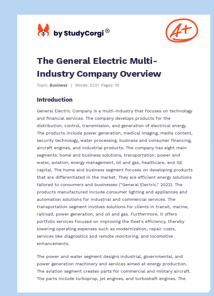 The General Electric Multi-Industry Company Overview. Page 1