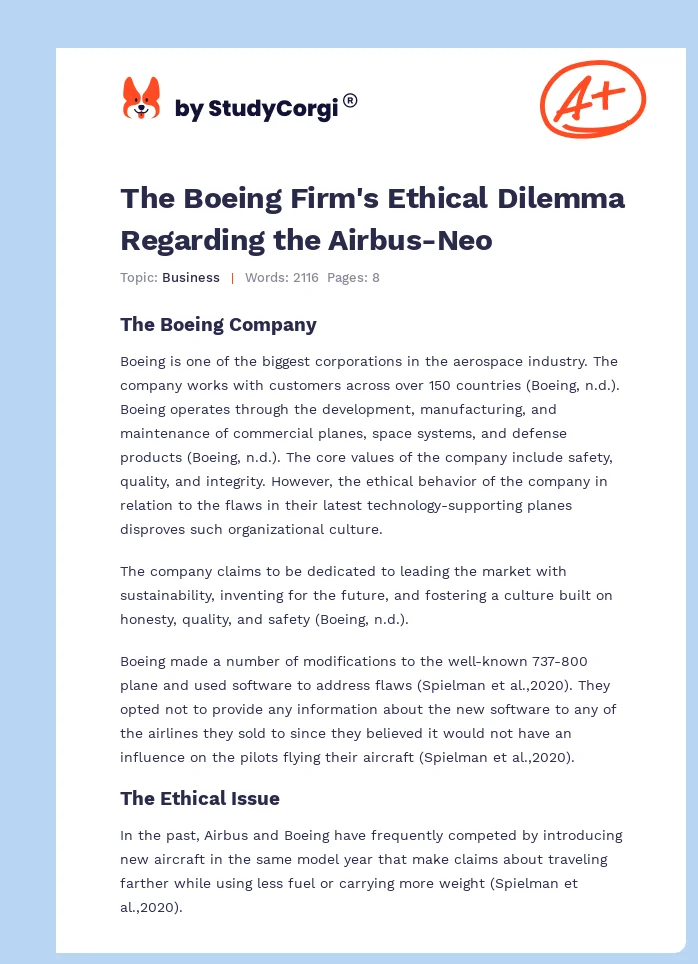 The Boeing Firm's Ethical Dilemma Regarding the Airbus-Neo. Page 1