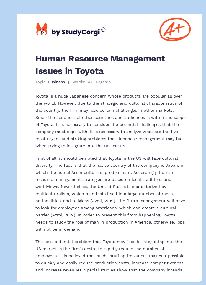 Human Resource Management Issues in Toyota. Page 1
