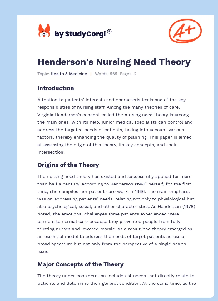 Virginia Henderson’s Nursing Need Theory. Page 1