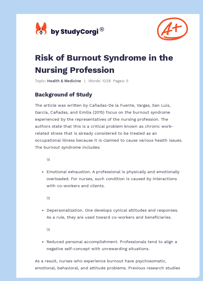 Risk of Burnout Syndrome in the Nursing Profession. Page 1