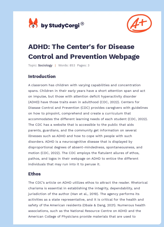 ADHD: The Center's for Disease Control and Prevention Webpage. Page 1