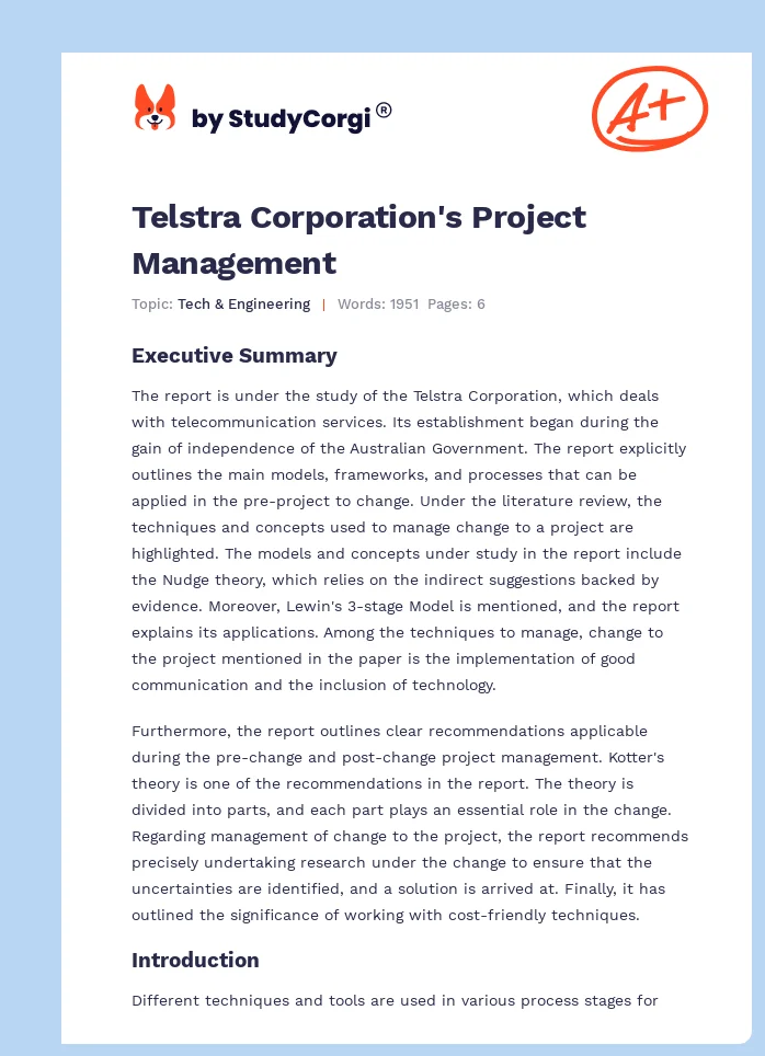 Telstra Corporation's Project Management. Page 1