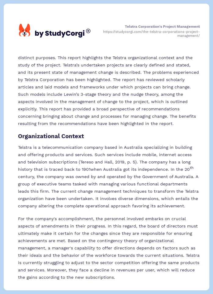 Telstra Corporation's Project Management. Page 2