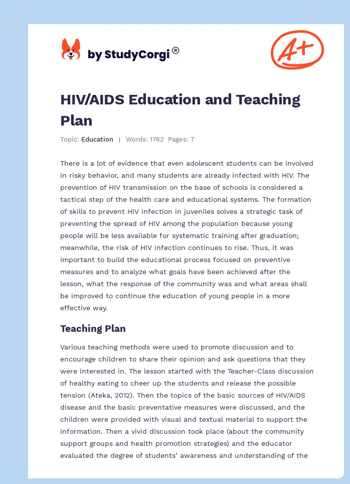 HIV/AIDS Education and Teaching Plan. Page 1