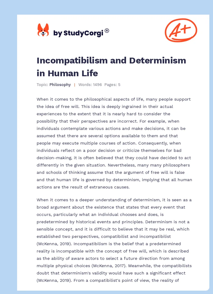Incompatibilism and Determinism in Human Life. Page 1