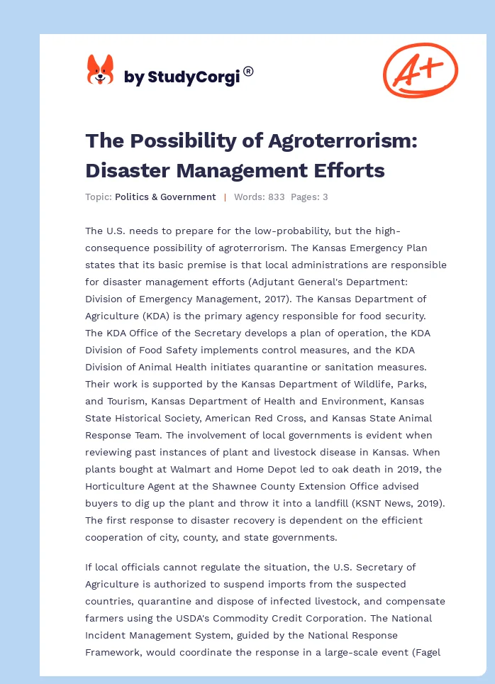 The Possibility of Agroterrorism: Disaster Management Efforts. Page 1