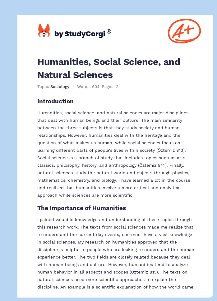 Humanities, Social Science, and Natural Sciences. Page 1