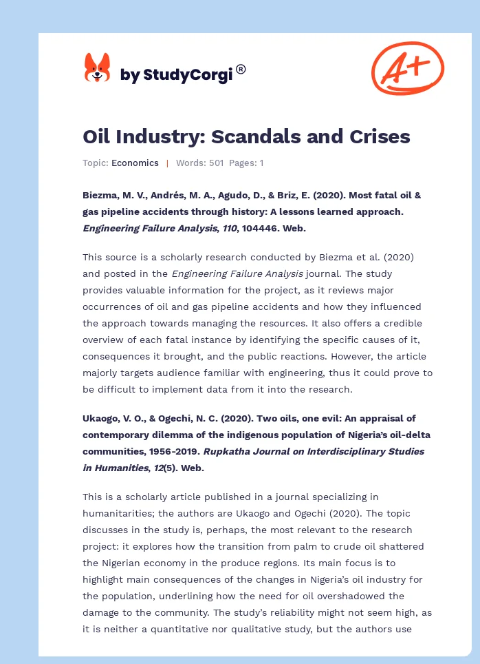 Oil Industry: Scandals and Crises. Page 1