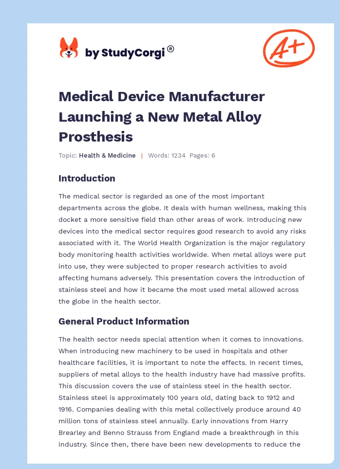 Medical Device Manufacturer Launching a New Metal Alloy Prosthesis. Page 1