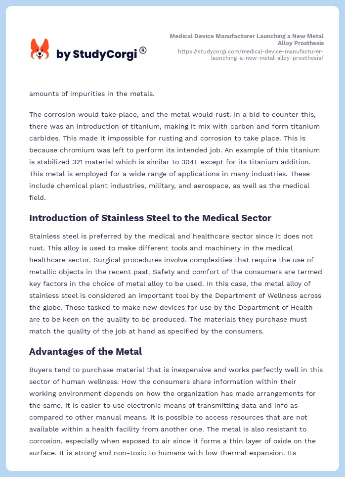 Medical Device Manufacturer Launching a New Metal Alloy Prosthesis. Page 2