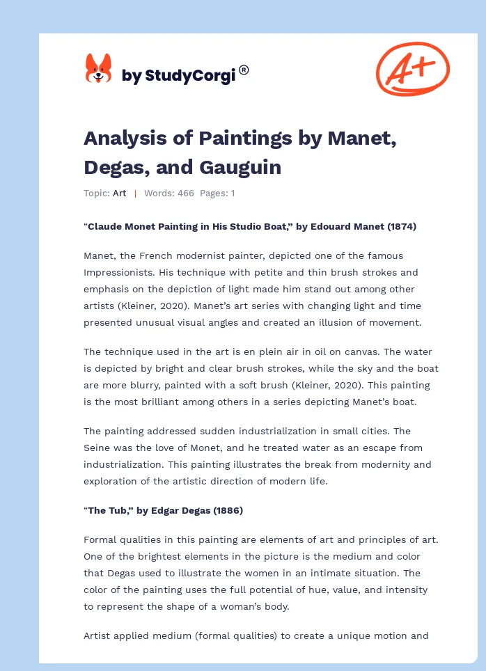 Analysis of Paintings by Manet, Degas, and Gauguin. Page 1