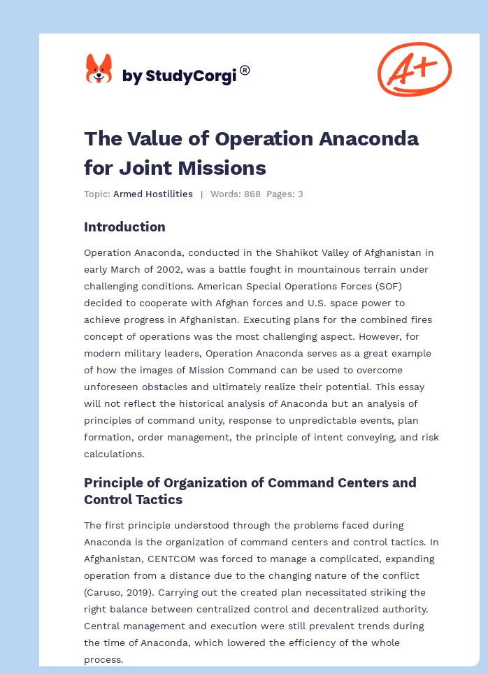 The Value of Operation Anaconda for Joint Missions. Page 1