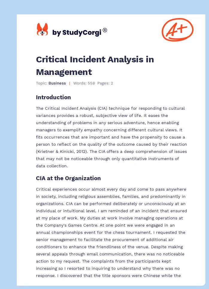 Critical Incident Analysis in Management. Page 1