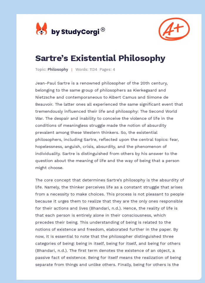Sartre’s Existential Philosophy. Page 1