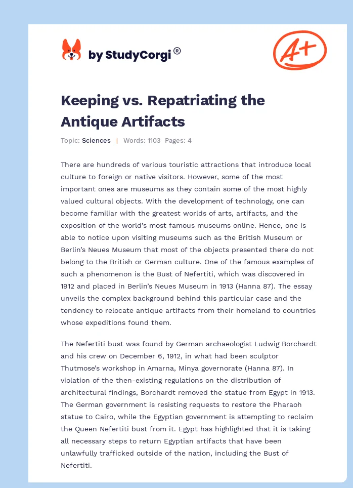 Keeping vs. Repatriating the Antique Artifacts. Page 1