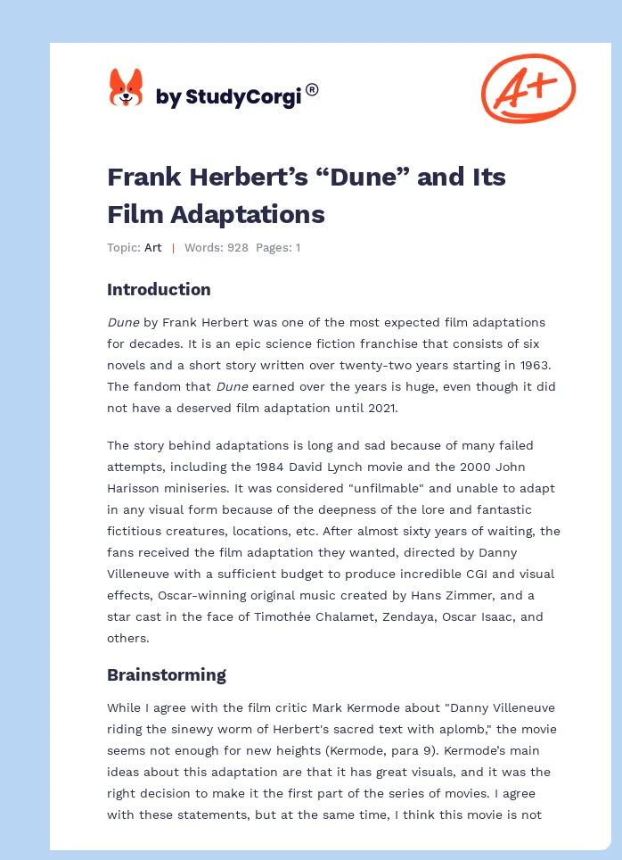 Frank Herbert’s “Dune” and Its Film Adaptations. Page 1