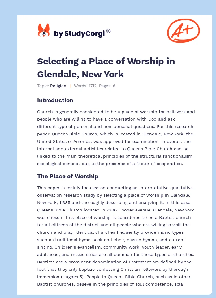 Selecting a Place of Worship in Glendale, New York. Page 1
