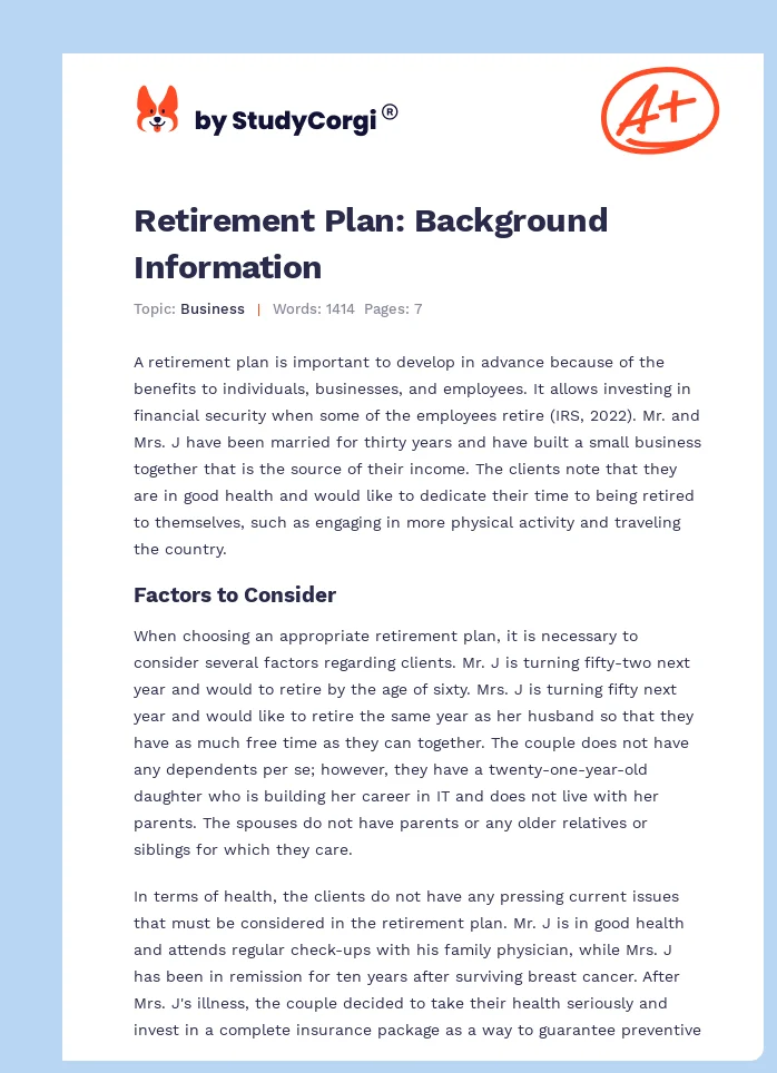Retirement Plan: Background Information. Page 1