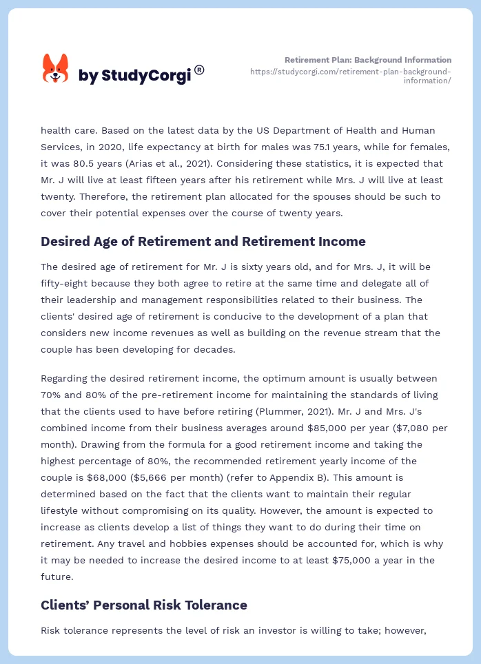 Retirement Plan: Background Information. Page 2
