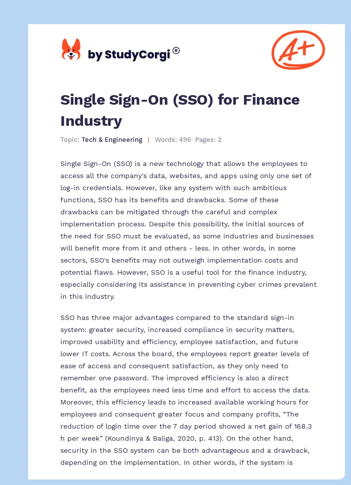 Single Sign-On (SSO) for Finance Industry. Page 1