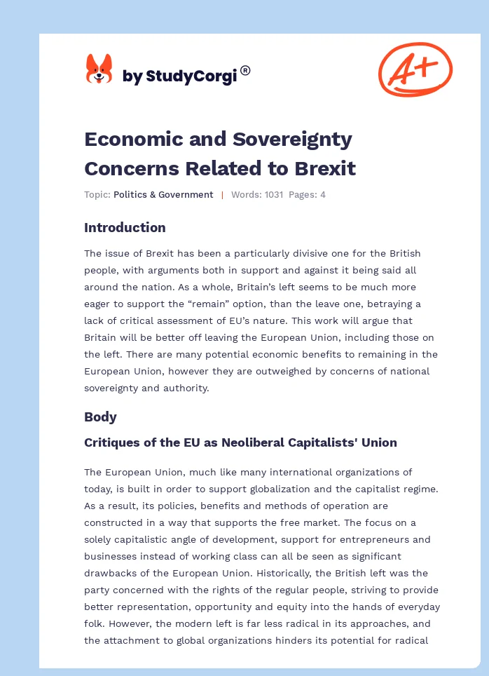 Economic and Sovereignty Concerns Related to Brexit. Page 1