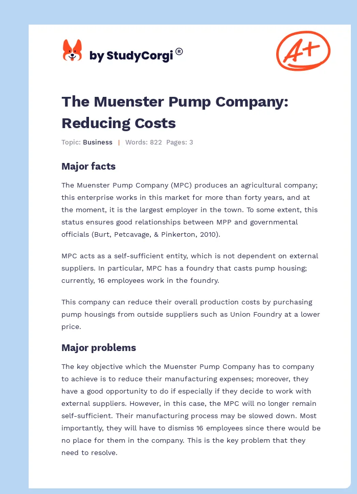 The Muenster Pump Company: Reducing Costs. Page 1