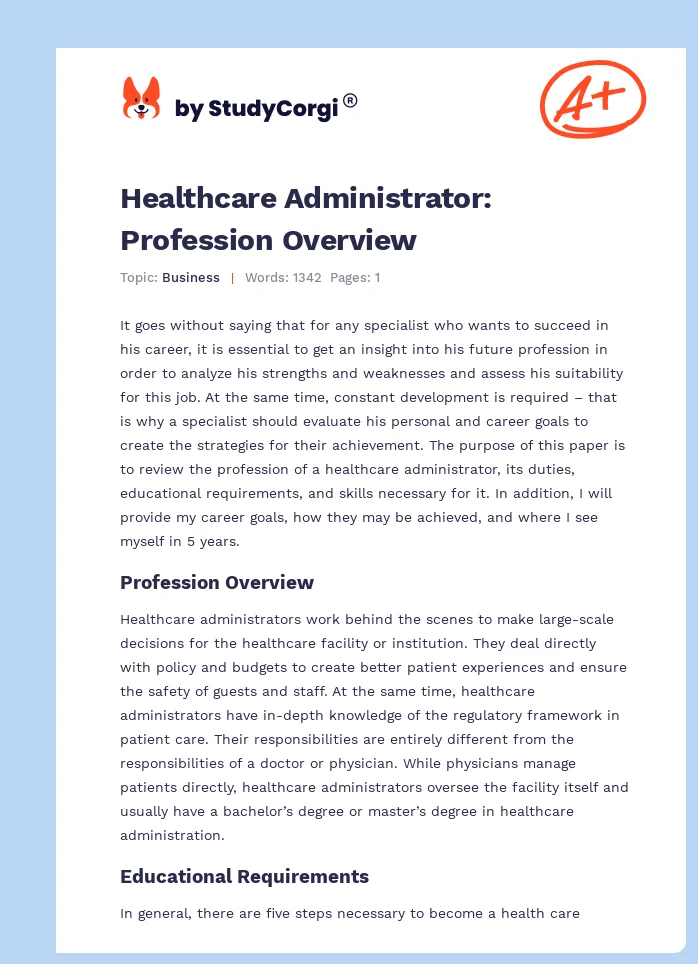 Healthcare Administrator: Profession Overview. Page 1