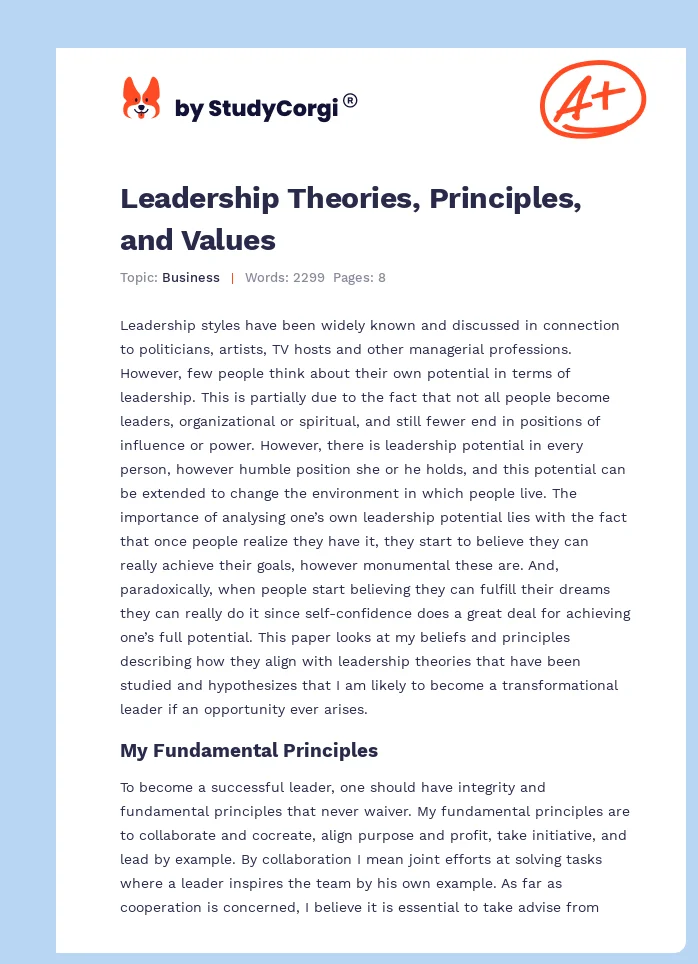 Leadership Theories, Principles, and Values. Page 1