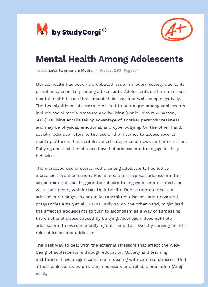 Mental Health Among Adolescents. Page 1