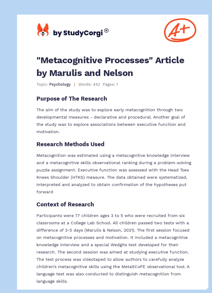 "Metacognitive Processes" Article by Marulis and Nelson. Page 1