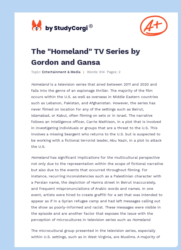The "Homeland" TV Series by Gordon and Gansa. Page 1