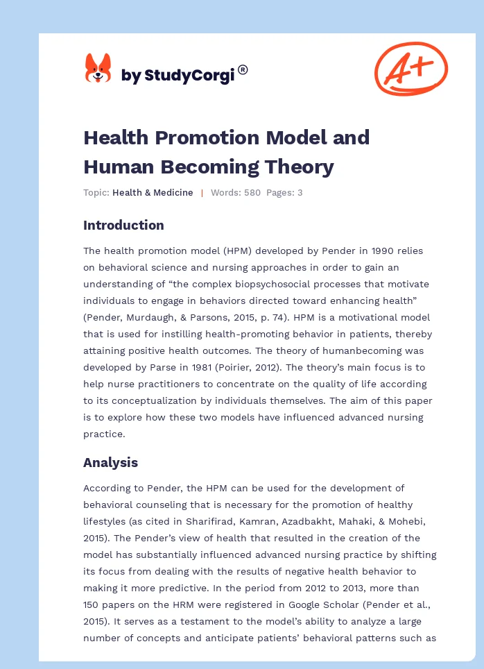 Health Promotion Model and Human Becoming Theory. Page 1