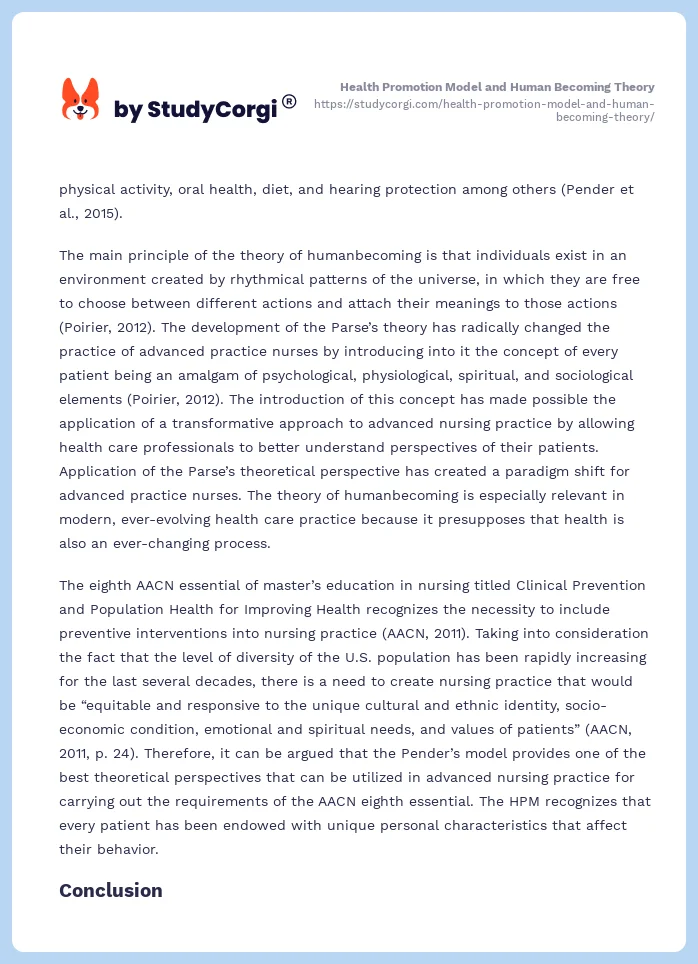 Health Promotion Model and Human Becoming Theory. Page 2
