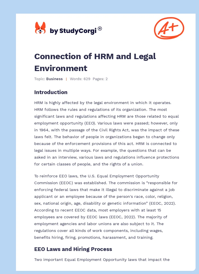 Connection of HRM and Legal Environment. Page 1