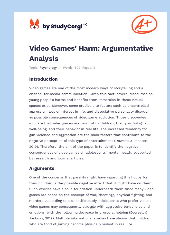 Video Games’ Harm: Argumentative Analysis. Page 1