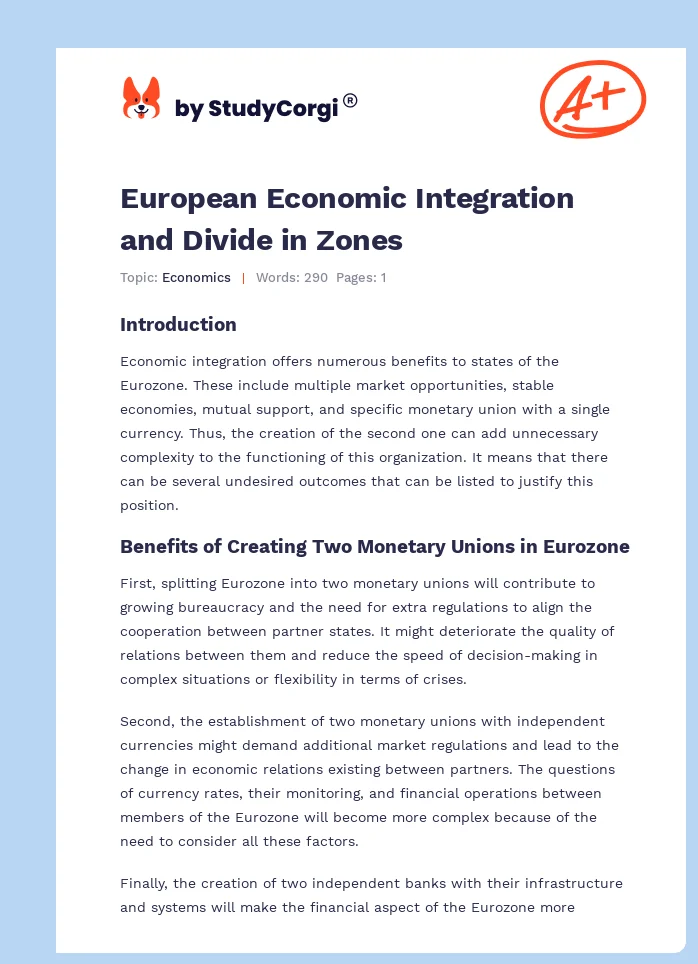 European Economic Integration and Divide in Zones. Page 1