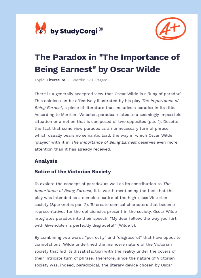 The Paradox in "The Importance of Being Earnest" by Oscar Wilde. Page 1