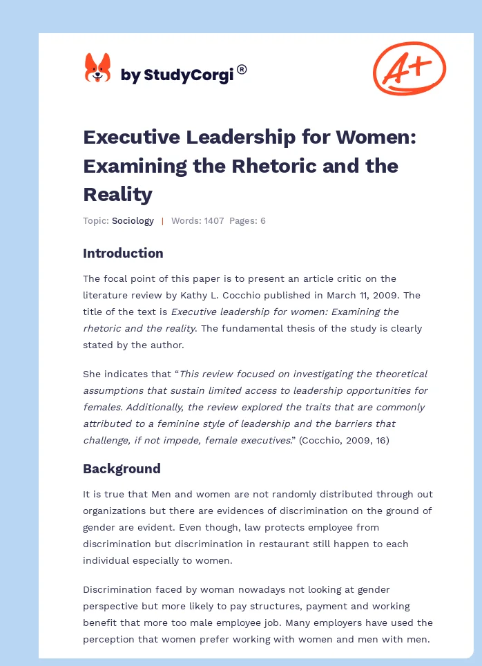 Executive Leadership for Women: Examining the Rhetoric and the Reality. Page 1
