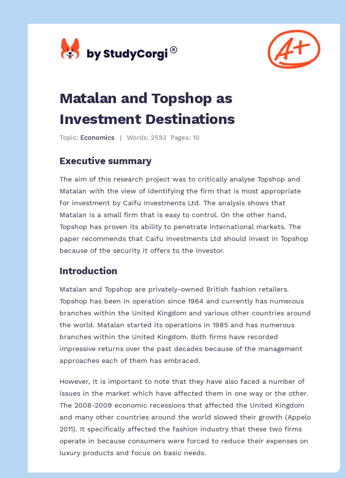 Matalan and Topshop as Investment Destinations. Page 1