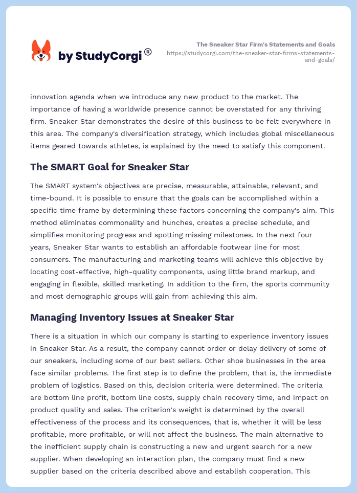 The Sneaker Star Firm's Statements and Goals. Page 2