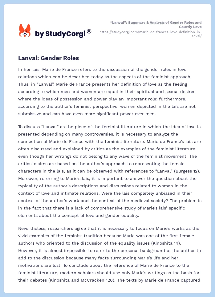 “Lanval”: Summary & Analysis of Gender Roles and Courtly Love. Page 2