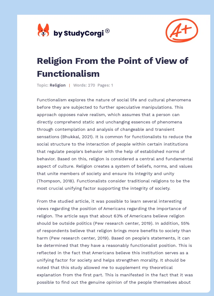 Religion From the Point of View of Functionalism. Page 1