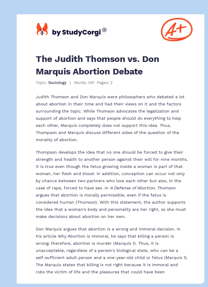 The Judith Thomson vs. Don Marquis Abortion Debate. Page 1