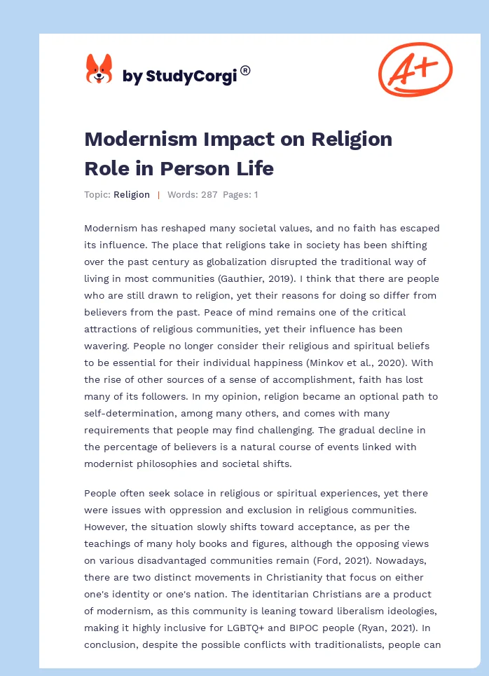 Modernism Impact on Religion Role in Person Life. Page 1