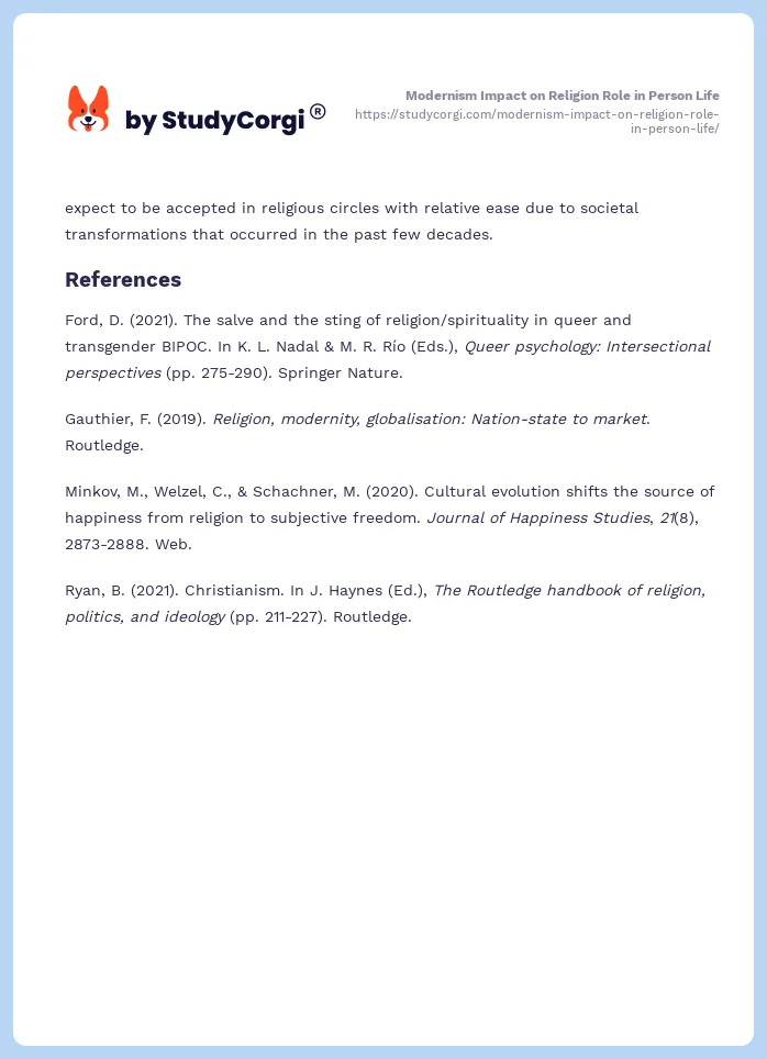 Modernism Impact on Religion Role in Person Life. Page 2